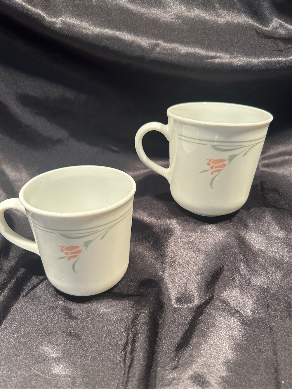 Corelle White Mugs with Pink Floral and Green Leaf Accent - Pair